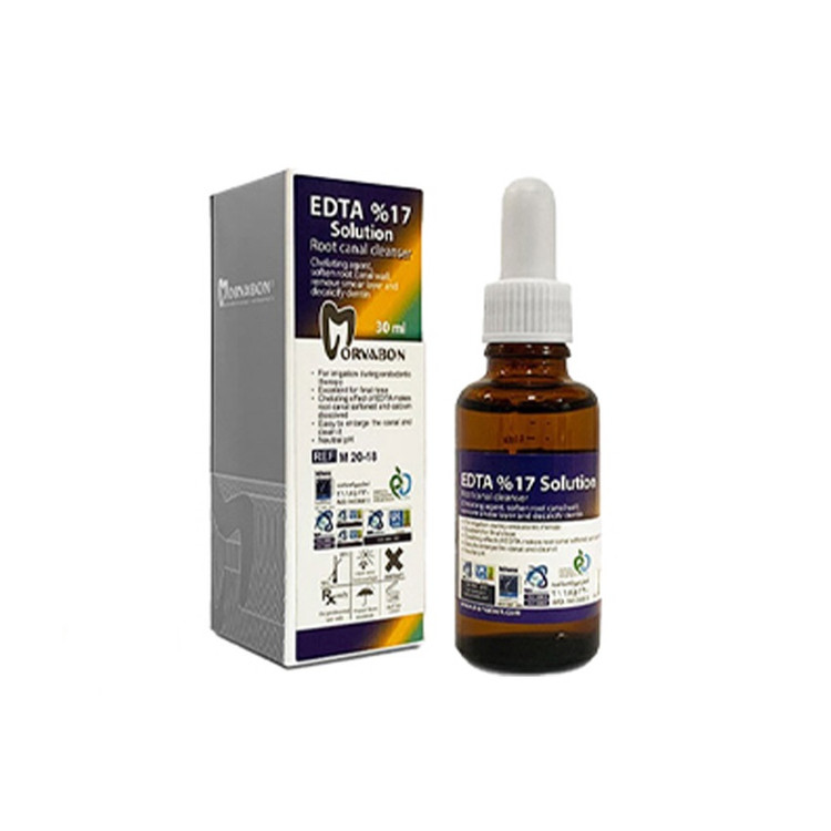 محلول EDTA مروابن | Morvabon EDTA Solution | بطری شفاف حاوی محلول آمادهسازی کانال ریشه دندانپزشکی ایرانی