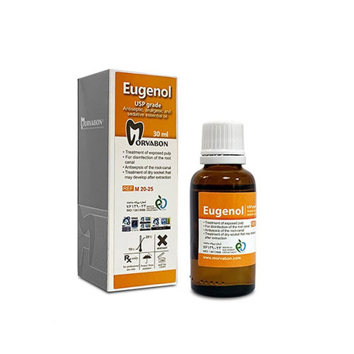 محلول اوژنول مروابن | Marvabon Eugenol Solution | بطری شفاف حاوی مایع زرد کمرنگ با برچسب Morvabon مخصوص سمان موقت دندانپزشکی