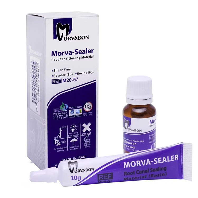 اندوسیلر رزینی مروابن | Marvabon Resin Based Root Canal Sealer | سرنگ/ویال خمیری سفید با برچسب آبی Marvabon و دو جزء مصرفی | آببندی دائم روت کانال دندانپزشکی | panamal.ir