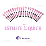 Tokuyama Dental Composite – سرنگ استایلیت سیگما کوئیک یا آستریا با لوگوی Tokuyama ژاپن، چیدمان جعبه و شیدها (A1, A2…) روی زمینه سفید | panamal.ir