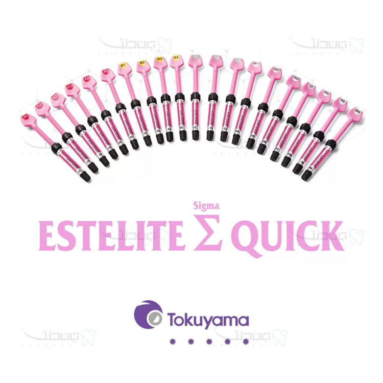 Tokuyama Dental Composite – سرنگ استایلیت سیگما کوئیک یا آستریا با لوگوی Tokuyama ژاپن، چیدمان جعبه و شیدها (A1, A2…) روی زمینه سفید | panamal.ir
