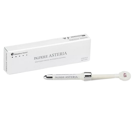 Tokuyama Dental Composite – سرنگ استایلیت سیگما کوئیک یا آستریا با لوگوی Tokuyama ژاپن، چیدمان جعبه و شیدها (A1, A2…) روی زمینه سفید | panamal.ir