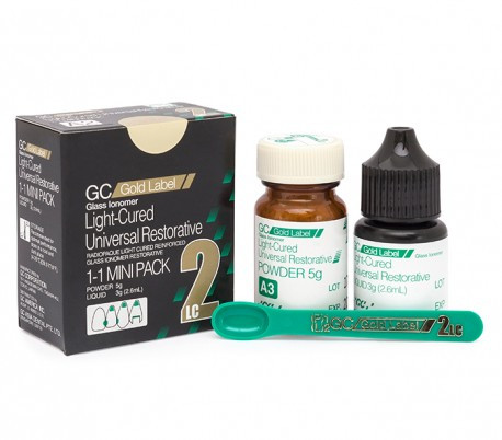 GC Fuji II LC Light Cure Restorative Glass Ionomer – ست پودر و مایع اصل ژاپنی، عکس کنار همدیگر با رنگبندی و لیبل GC | panamal.ir