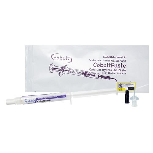 خمیر کلسیم هیدروکساید کبالت | تیوب یا سرنگ سفید پزشکی با لیبل Cobalt و Ca(OH)2 | پانسمان و ترمیم کانال دندان | panamal.ir