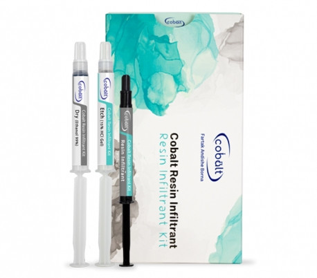 کیت رزین اینفیلترانت کبالت | محتویات یک پکیج شامل سرنگ رزین، محلول اچ، براش اپلیکاتور و وه ظروف کاربری | مخصوص حذف لکههای مینایی و درمان غیرتهاجمی | panamal.ir