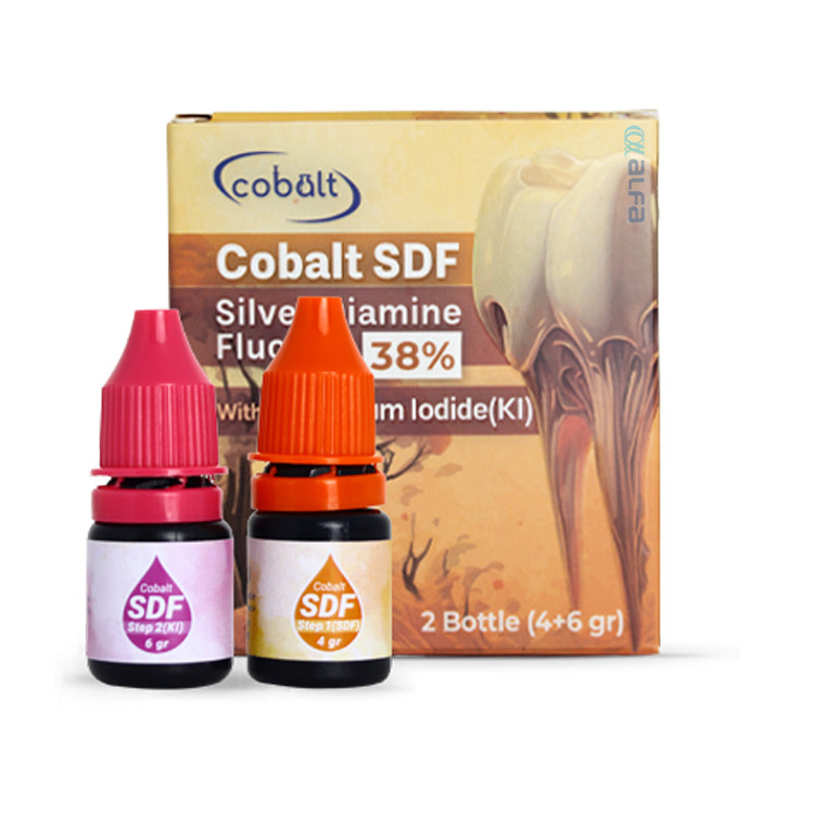 محلول SDF 38% + KI کبالت | دو بطری مجزا به همراه میکروبراش و نمونه دندان قبل و بعد درمان در panamal.ir