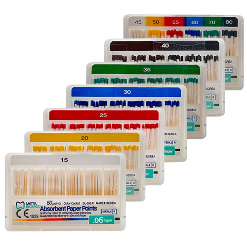 کن کاغذی اندودنتیکس ۶ درصد متا - بسته بندی ۱۰۰ عددی با برچسب رنگ سایز بندی | Meta Biomed Paper Point 6% | panamal.ir