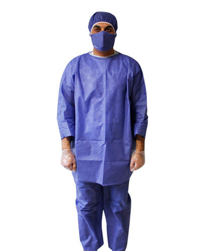 گان یکبار مصرف پزشکی آبی رنگ با یقه بندی و مچ کش‌دار – مناسب جراحی و دندانپزشکی