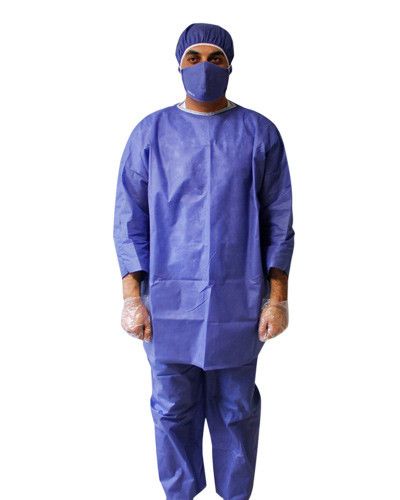 گان یکبار مصرف پزشکی آبی رنگ با یقه بندی و مچ کشدار – مناسب جراحی و دندانپزشکی