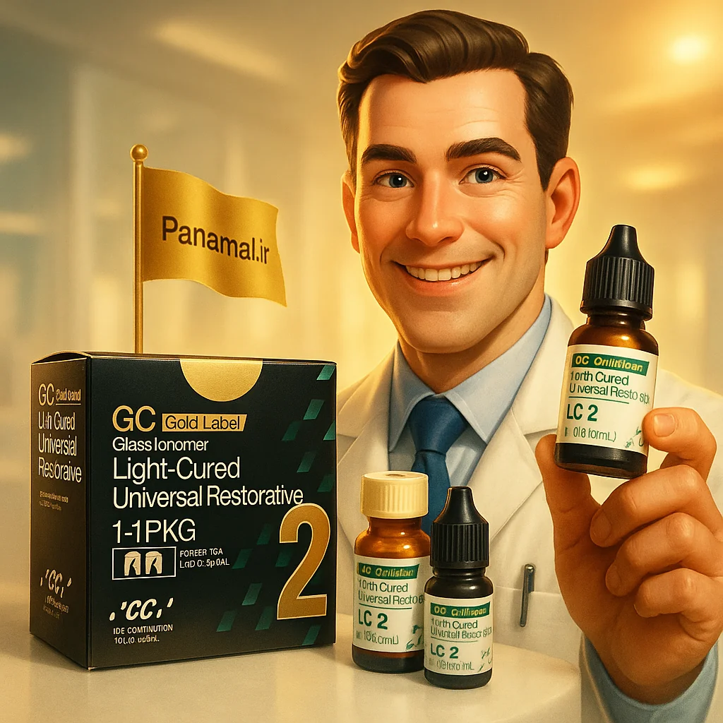 GC Fuji II LC Light Cure Restorative Glass Ionomer – ست پودر و مایع اصل ژاپنی، عکس کنار همدیگر با رنگ‌بندی و لیبل GC | panamal.ir