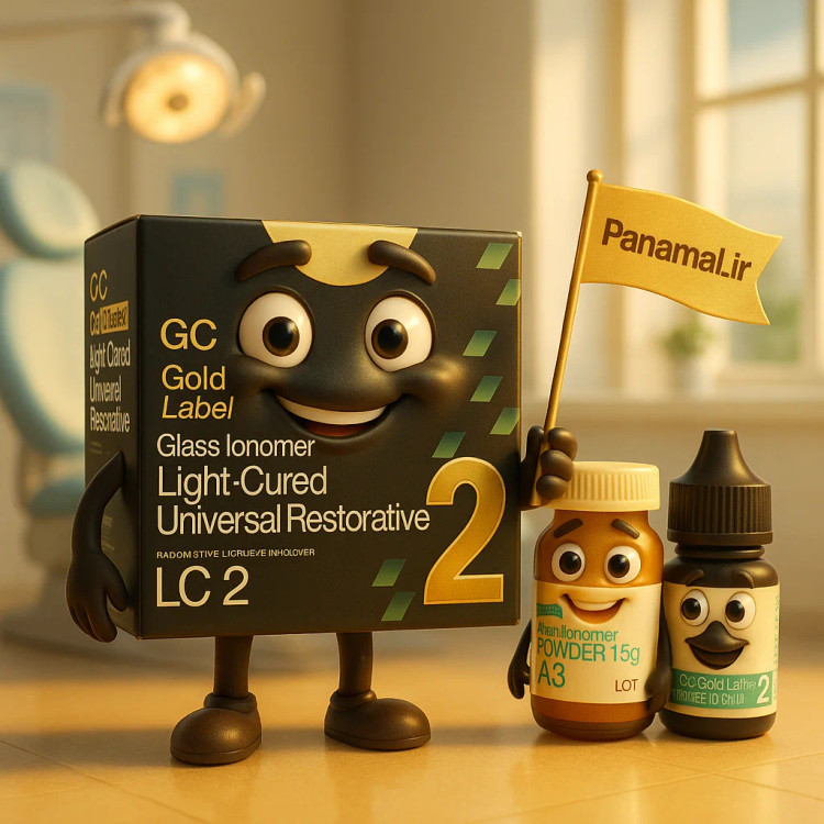 GC Fuji II LC Light Cure Restorative Glass Ionomer – ست پودر و مایع اصل ژاپنی، عکس کنار همدیگر با رنگبندی و لیبل GC | panamal.ir