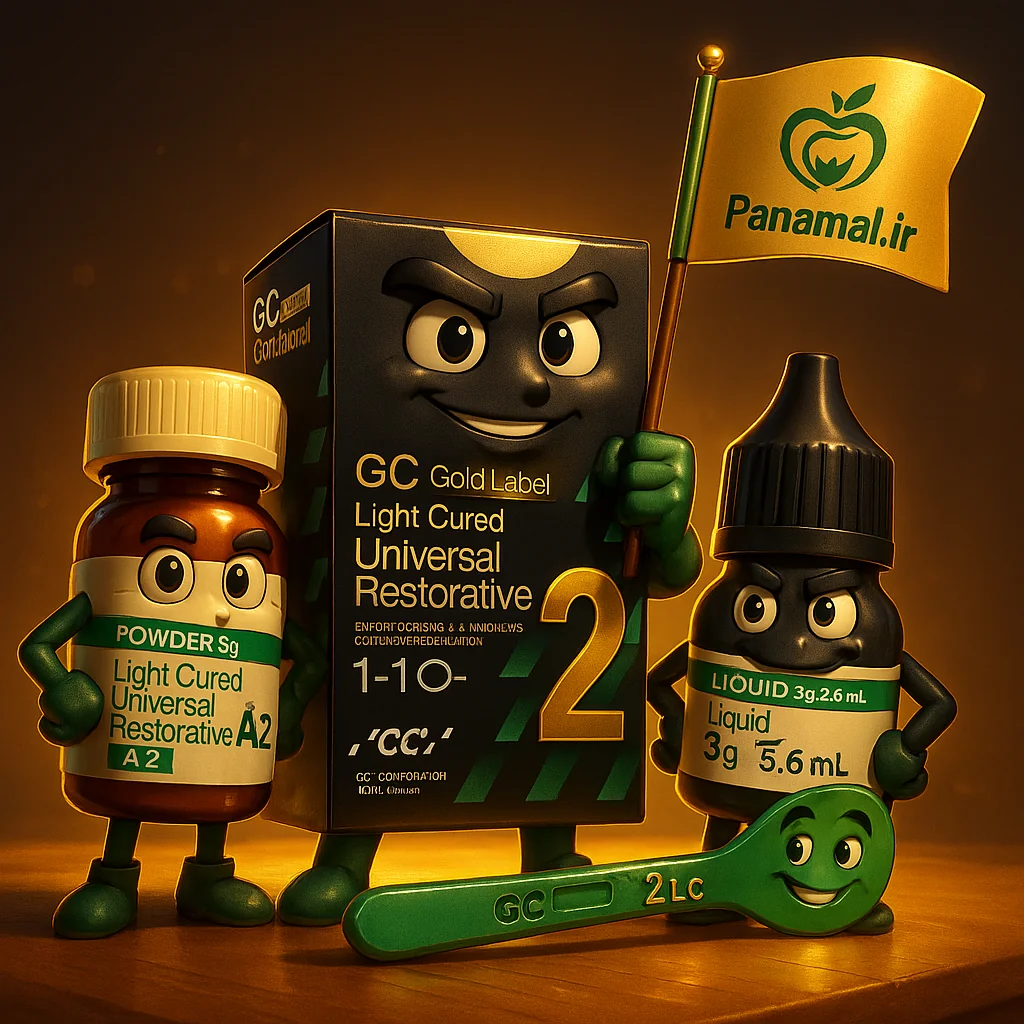 GC Fuji II LC Light Cure Restorative Glass Ionomer – ست پودر و مایع اصل ژاپنی، عکس کنار همدیگر با رنگ‌بندی و لیبل GC | panamal.ir