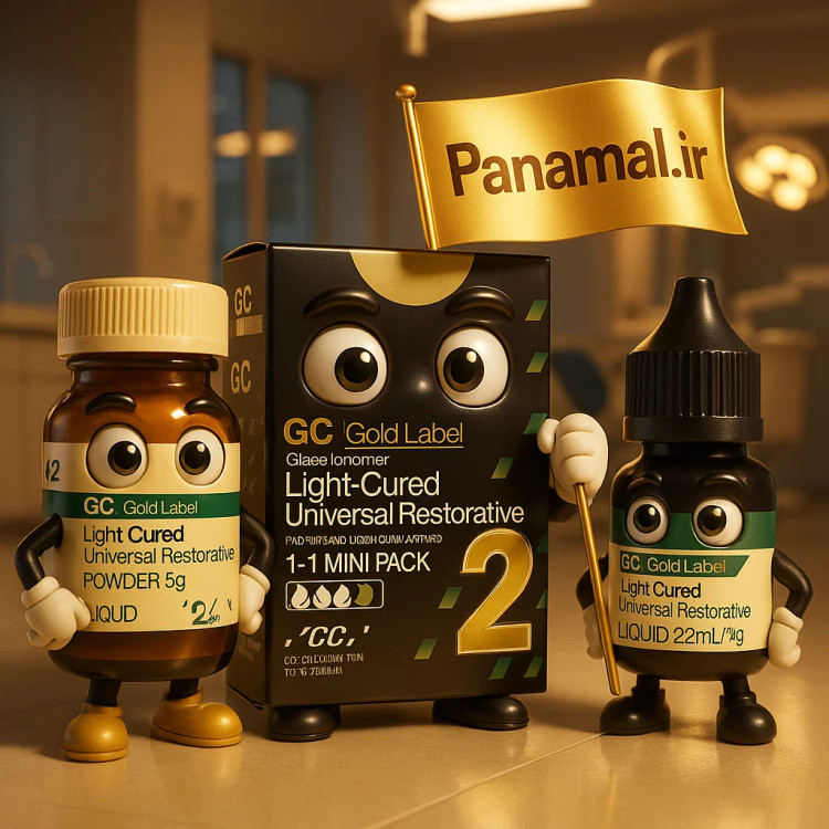 GC Fuji II LC Light Cure Restorative Glass Ionomer – ست پودر و مایع اصل ژاپنی، عکس کنار همدیگر با رنگبندی و لیبل GC | panamal.ir