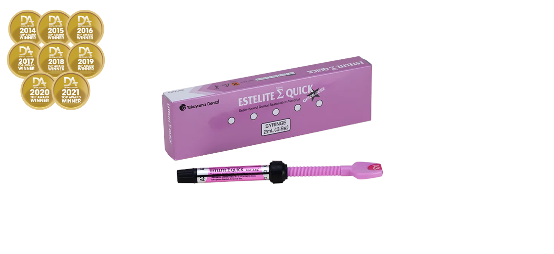 Tokuyama Dental Composite – سرنگ استایلیت سیگما کوئیک یا آستریا با لوگوی Tokuyama ژاپن، چیدمان جعبه و شیدها (A1, A2…) روی زمینه سفید | panamal.ir