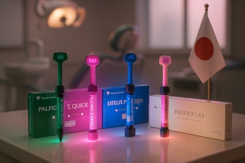 Tokuyama Dental Composite – سرنگ استایلیت سیگما کوئیک یا آستریا با لوگوی Tokuyama ژاپن، چیدمان جعبه و شیدها (A1, A2…) روی زمینه سفید | panamal.ir