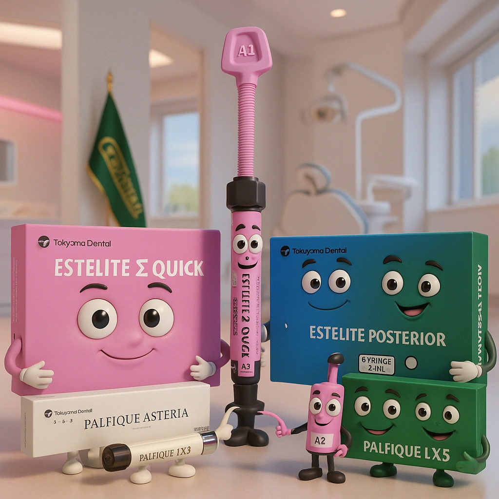 Tokuyama Dental Composite – سرنگ استایلیت سیگما کوئیک یا آستریا با لوگوی Tokuyama ژاپن، چیدمان جعبه و شیدها (A1, A2…) روی زمینه سفید | panamal.ir